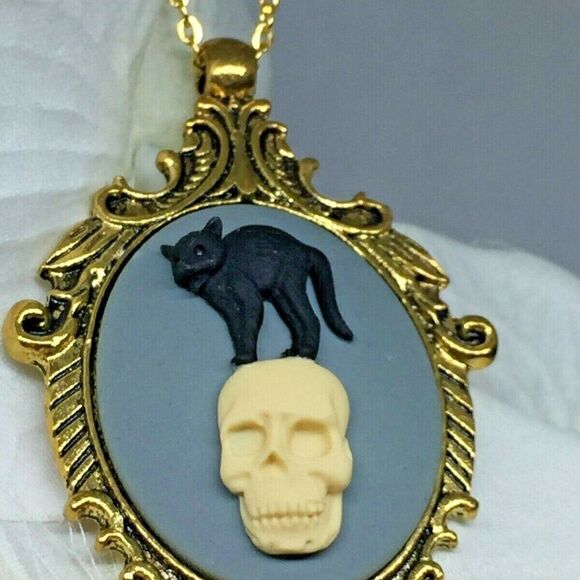 Skull Cat Black Skeleton Gothic Cameo Necklace NEW - Picture 2 of 8